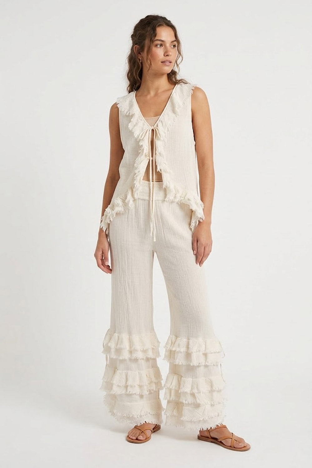 Donna Pantaloni Savana CHRISTIAN ZEN in Cotone con Balze Bianco Avorio