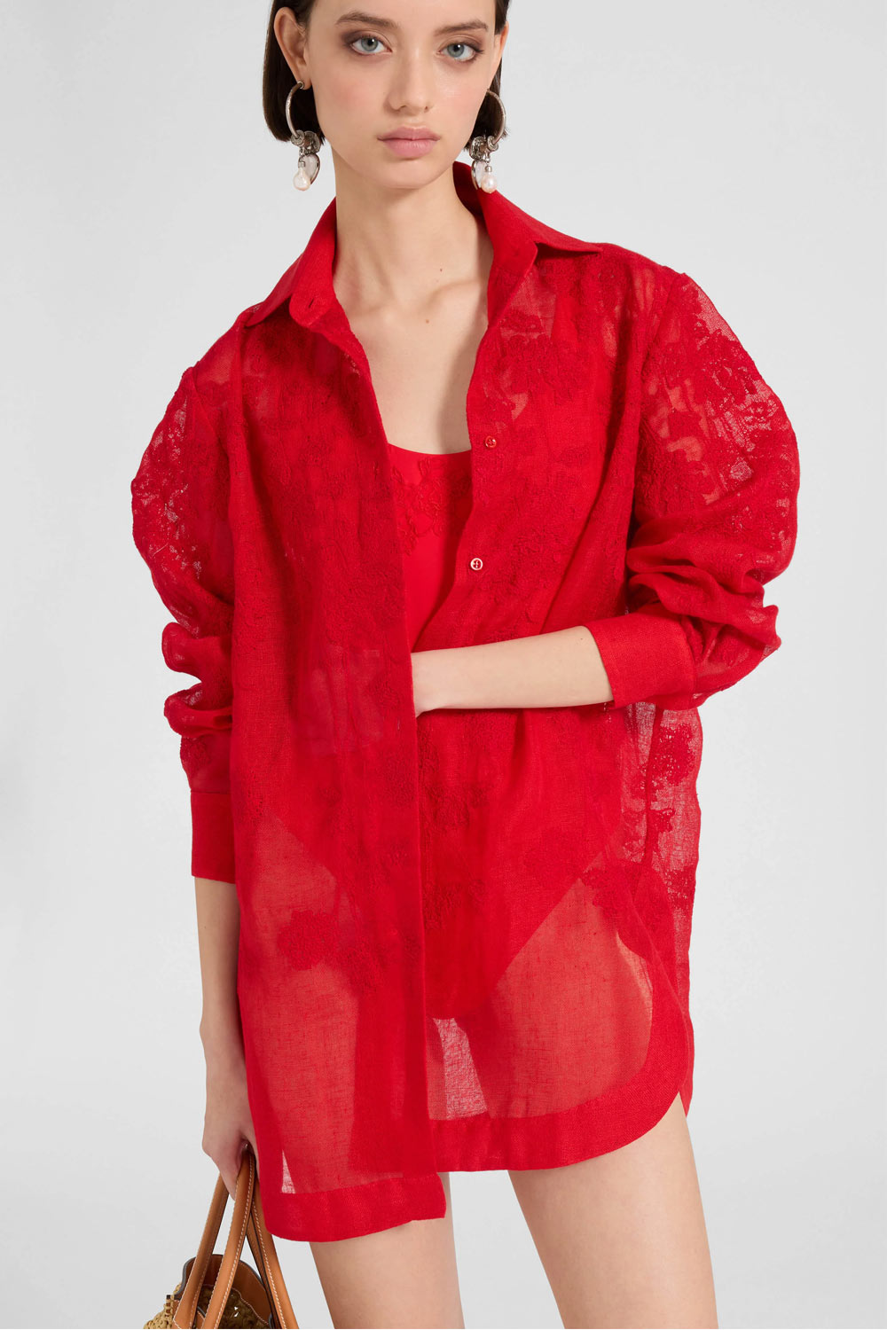 Donna Camicia Ermanno Scervino Oversized in Lino Rosso con Ricami