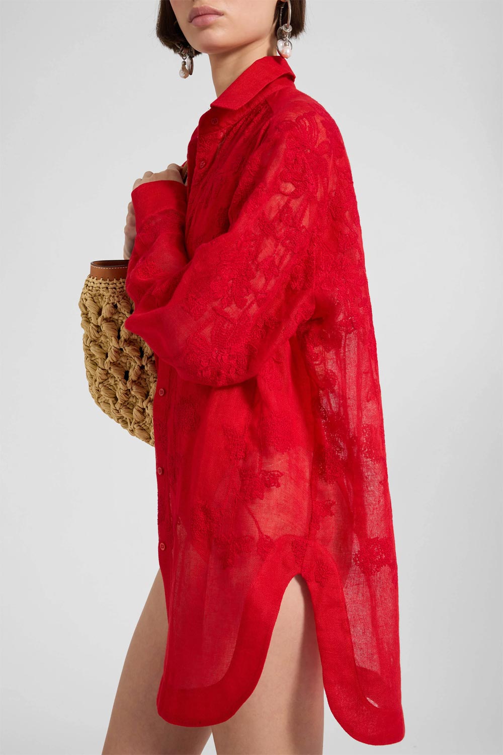 Donna Camicia Ermanno Scervino Oversized in Lino Rosso con Ricami