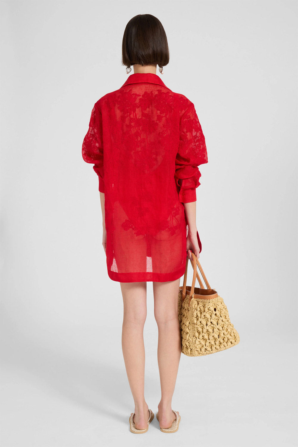 Donna Camicia Ermanno Scervino Oversized in Lino Rosso con Ricami