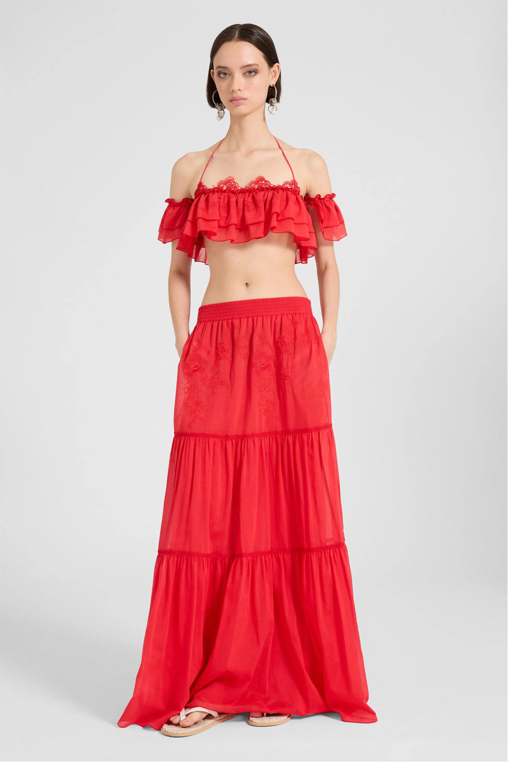 Donna Top Corto Ermanno Scervino in Cotone e Seta Rosso con Volant