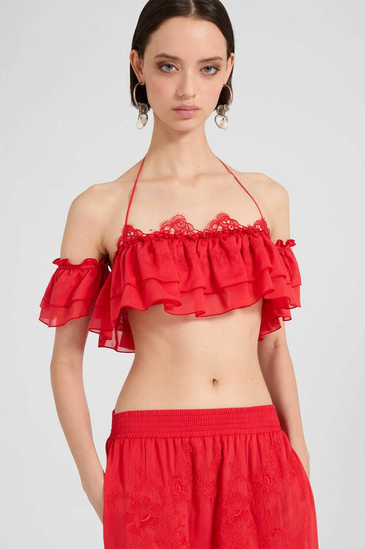 Donna Top Corto Ermanno Scervino in Cotone e Seta Rosso con Volant