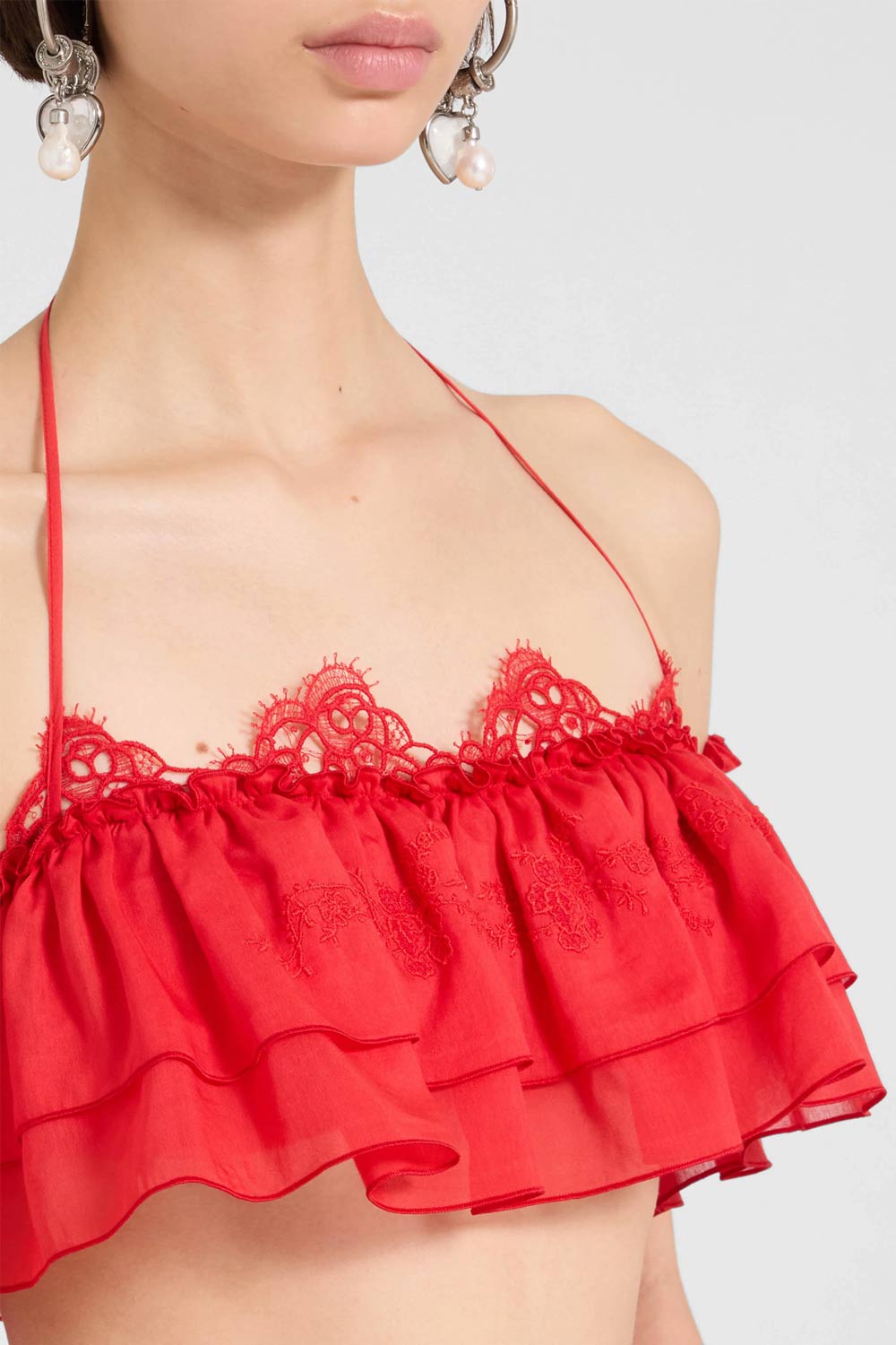 Donna Top Corto Ermanno Scervino in Cotone e Seta Rosso con Volant