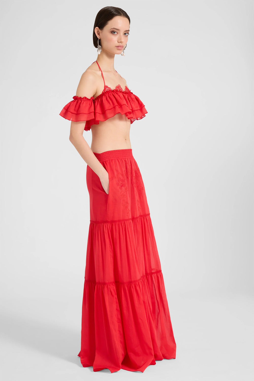 Donna Gonna Lunga Ermanno Scervino a Balze Rosso Ricamo Floreale