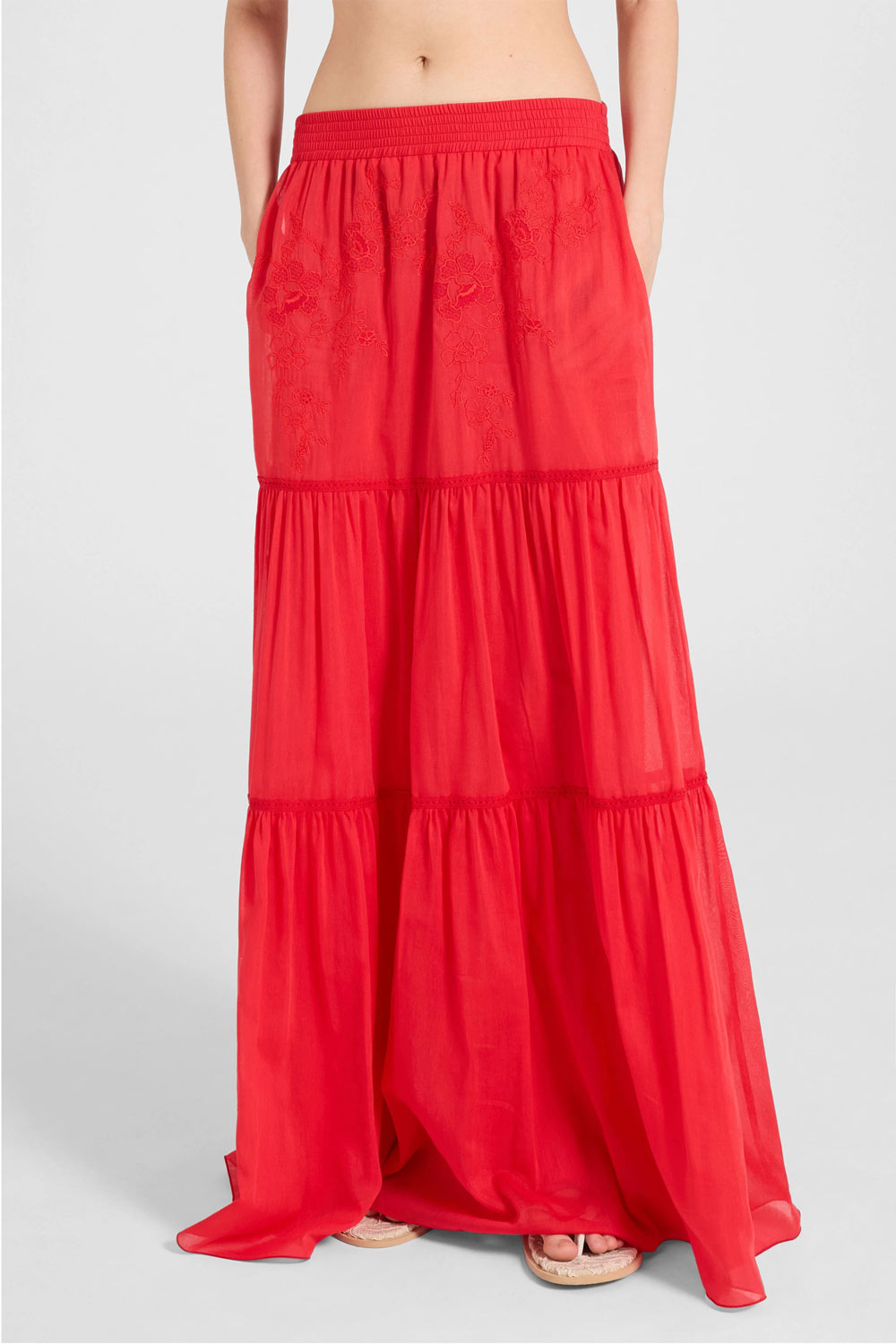 Donna Gonna Lunga Ermanno Scervino a Balze Rosso Ricamo Floreale