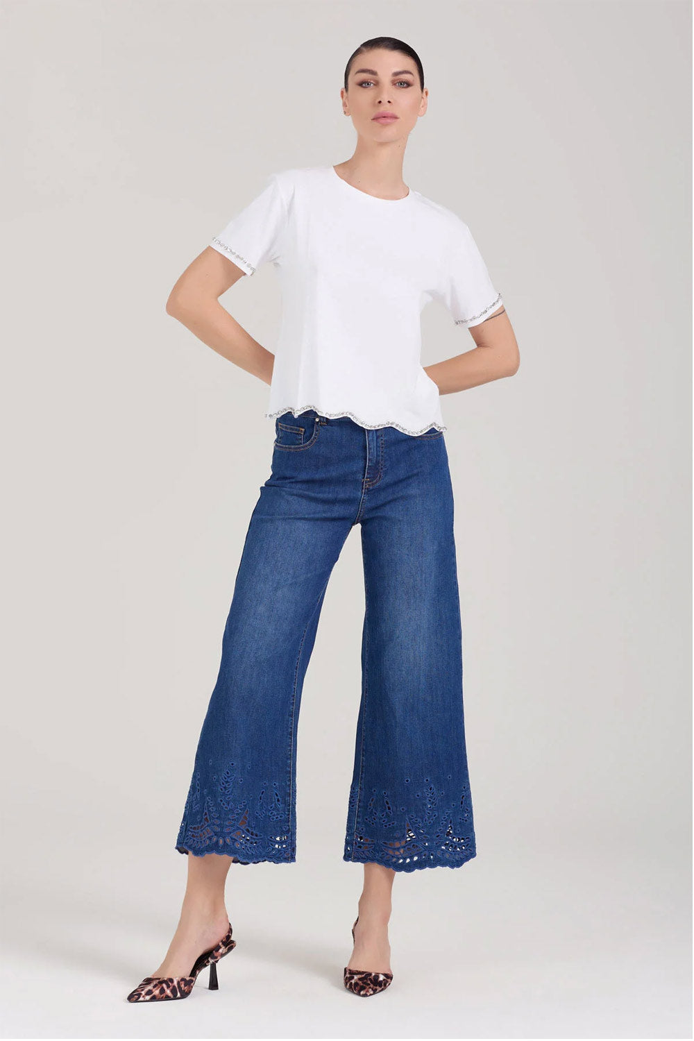 Donna T-shirt Take Two Cotone Bianco Applicazioni Gioiello