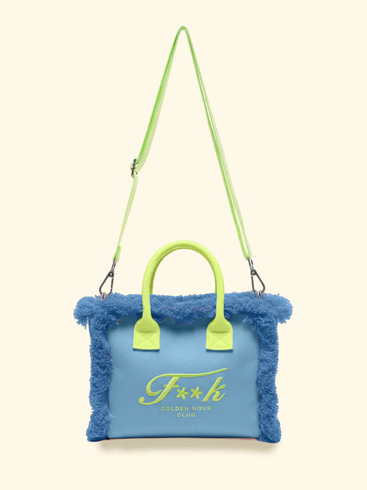Donna Borsa Cesto FK Azzurro Cotone Zip e Tracolla Removibile