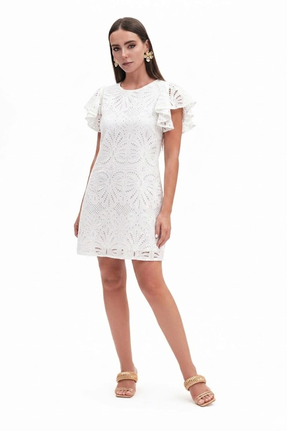 Donna Abito Fresh Flower Pizzo Sangallo Bianco Manica Ruches