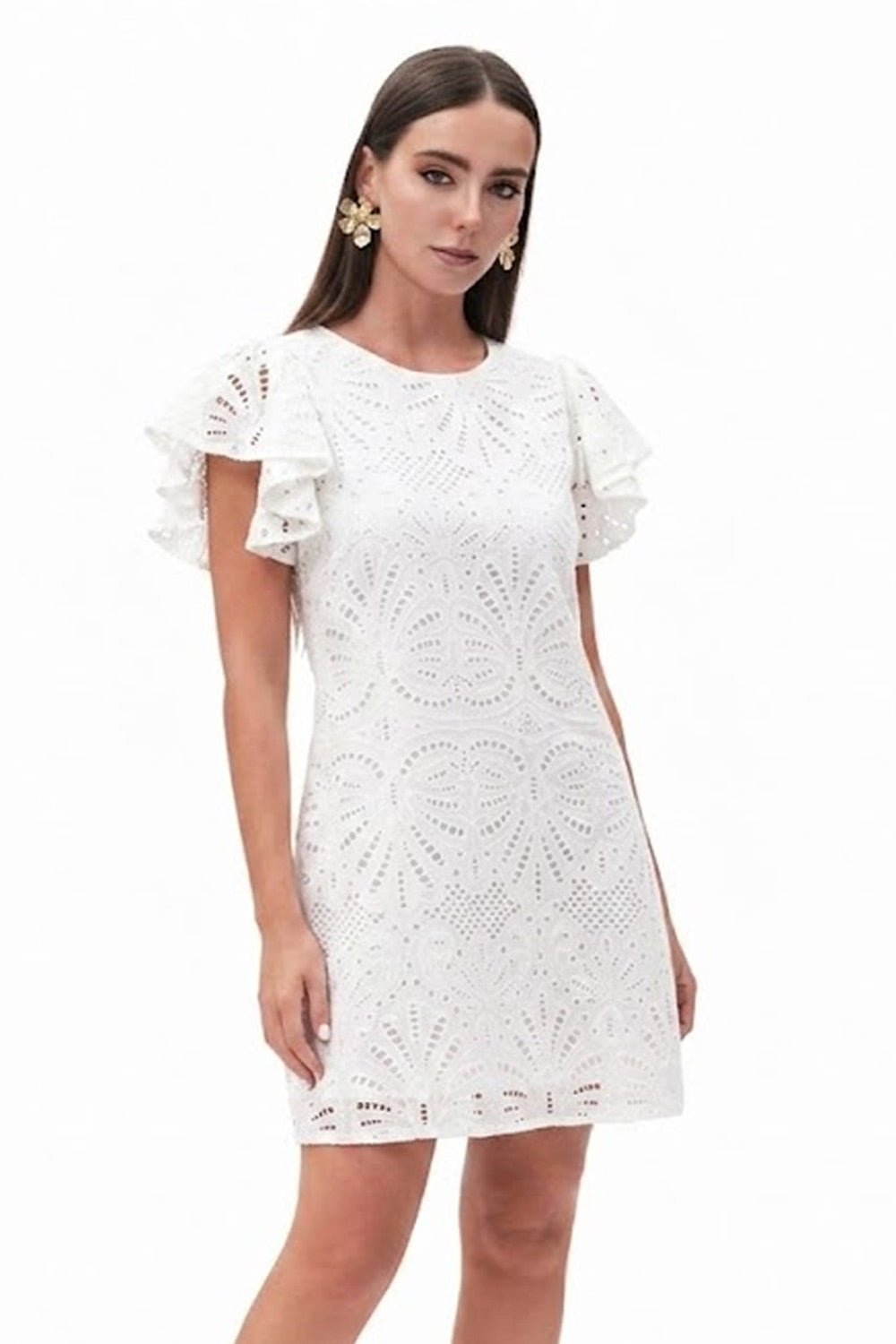 Donna Abito Fresh Flower Pizzo Sangallo Bianco Manica Ruches