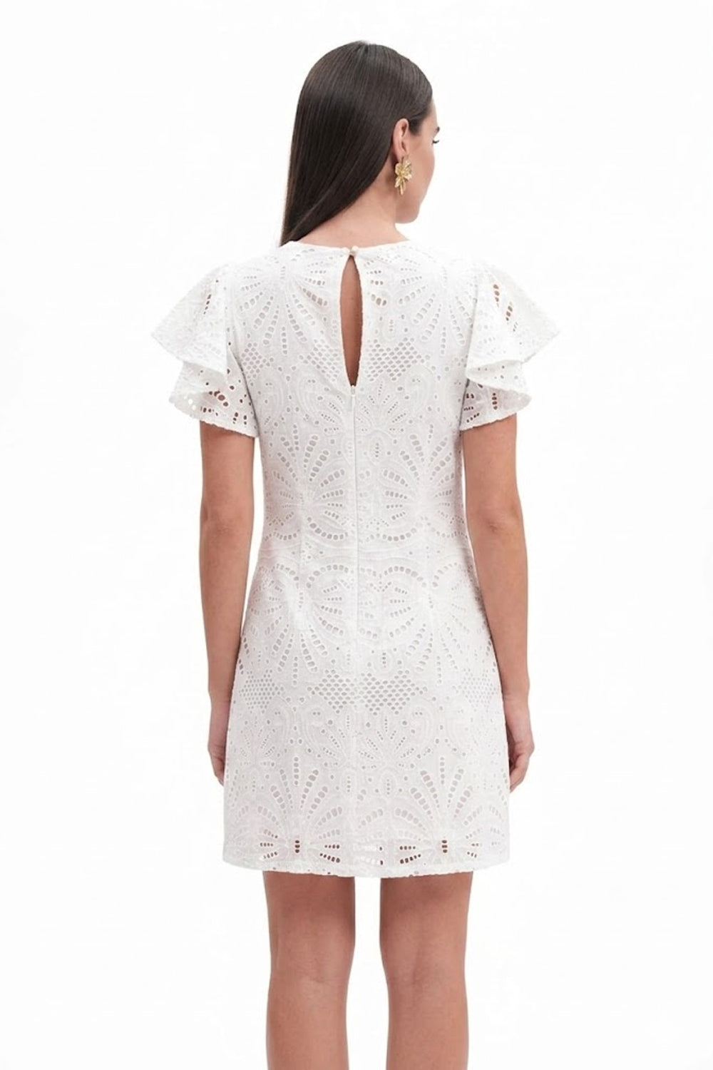 Donna Abito Fresh Flower Pizzo Sangallo Bianco Manica Ruches