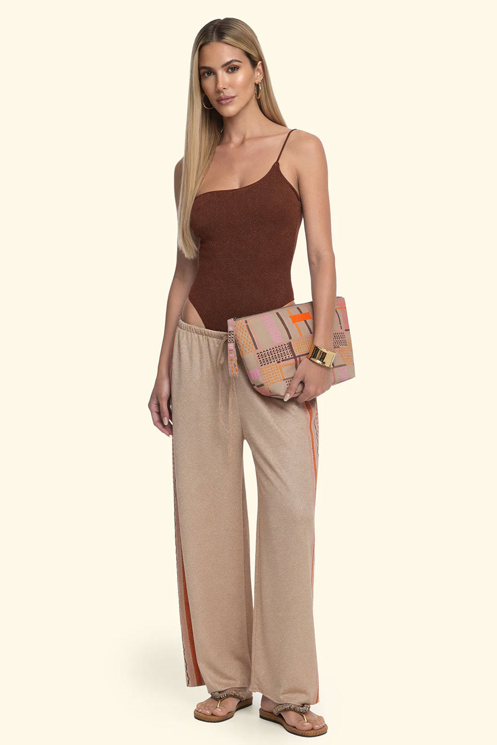 Donna Pantalone Palazzo FK Sabbia Lurex con Coulisse in Vita