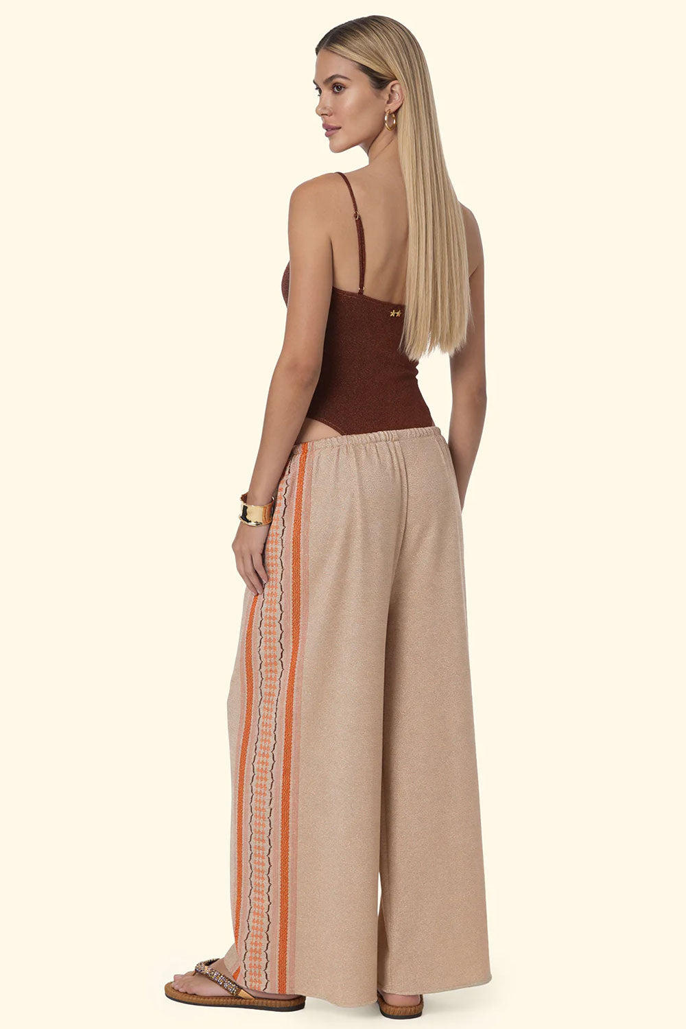 Donna Pantalone Palazzo FK Sabbia Lurex con Coulisse in Vita