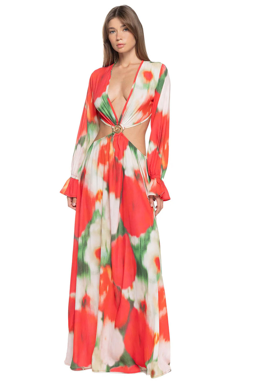 Donna Abito Lungo Floriana Botanic SAND Stampa Tropicale Gioiello