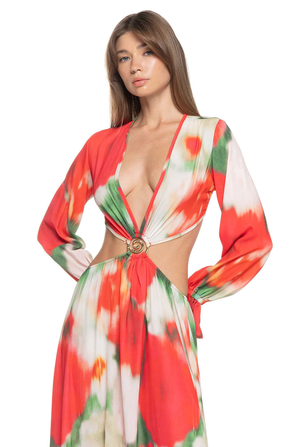 Donna Abito Lungo Floriana Botanic SAND Stampa Tropicale Gioiello