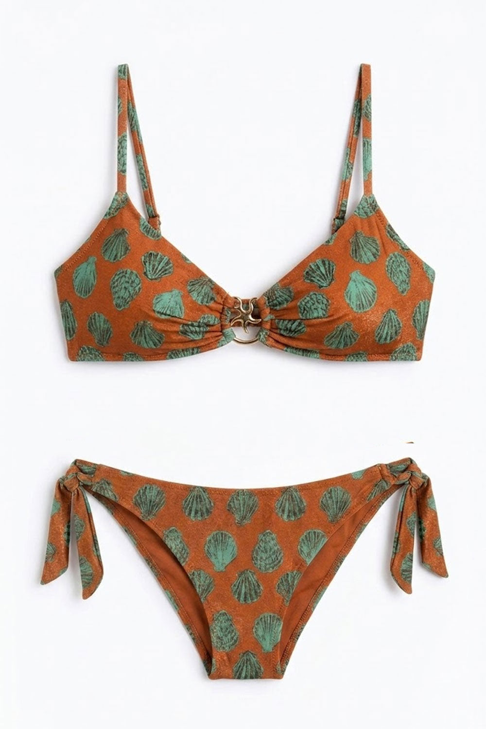 Donna Bikini Top Tara e Slip con Laccetti Stampa Conchiglie Ruggine