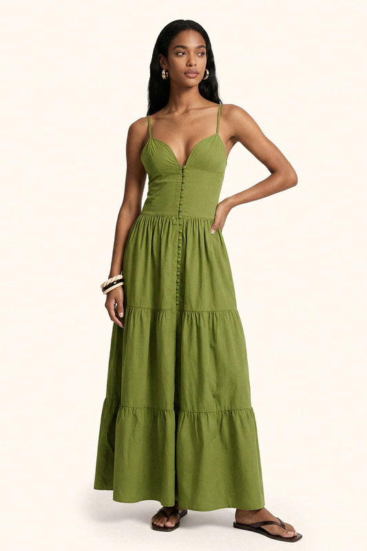 Donna Abito Lungo Me Fui Cotone Verde Militare Bottoni Scollo