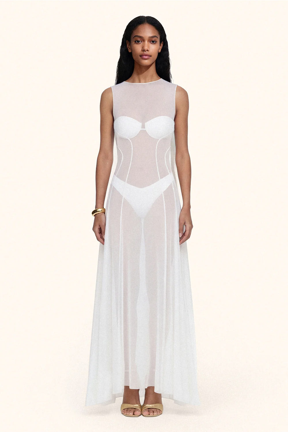 Donna Abito Lungo Me Fui Tulle Bianco Trasparente Senza Maniche