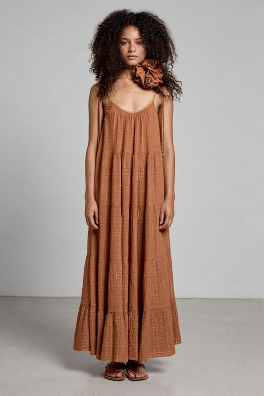 Donna abito Lungo Mirabella CHRISTIAN ZEN in Cotone Marrone e Oro