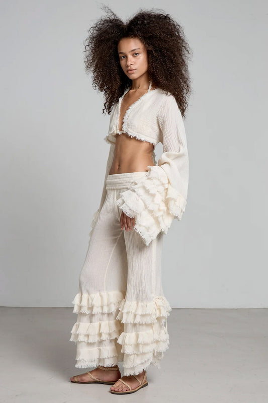 Donna Pantaloni Savana CHRISTIAN ZEN in Cotone con Balze Bianco Avorio