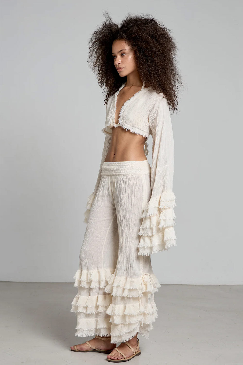 Donna Pantaloni Savana CHRISTIAN ZEN in Cotone con Balze Bianco Avorio