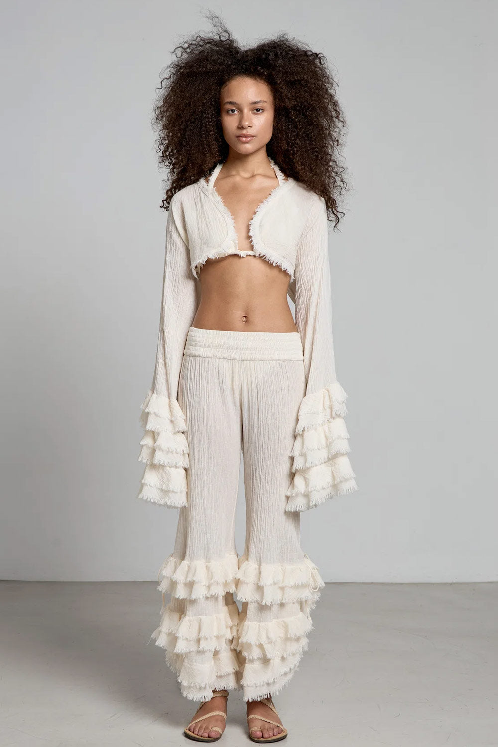 Donna Pantaloni Savana CHRISTIAN ZEN in Cotone con Balze Bianco Avorio