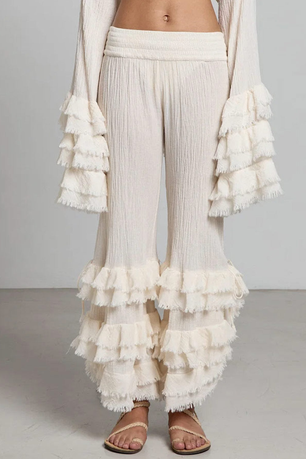 Donna Pantaloni Savana CHRISTIAN ZEN in Cotone con Balze Bianco Avorio
