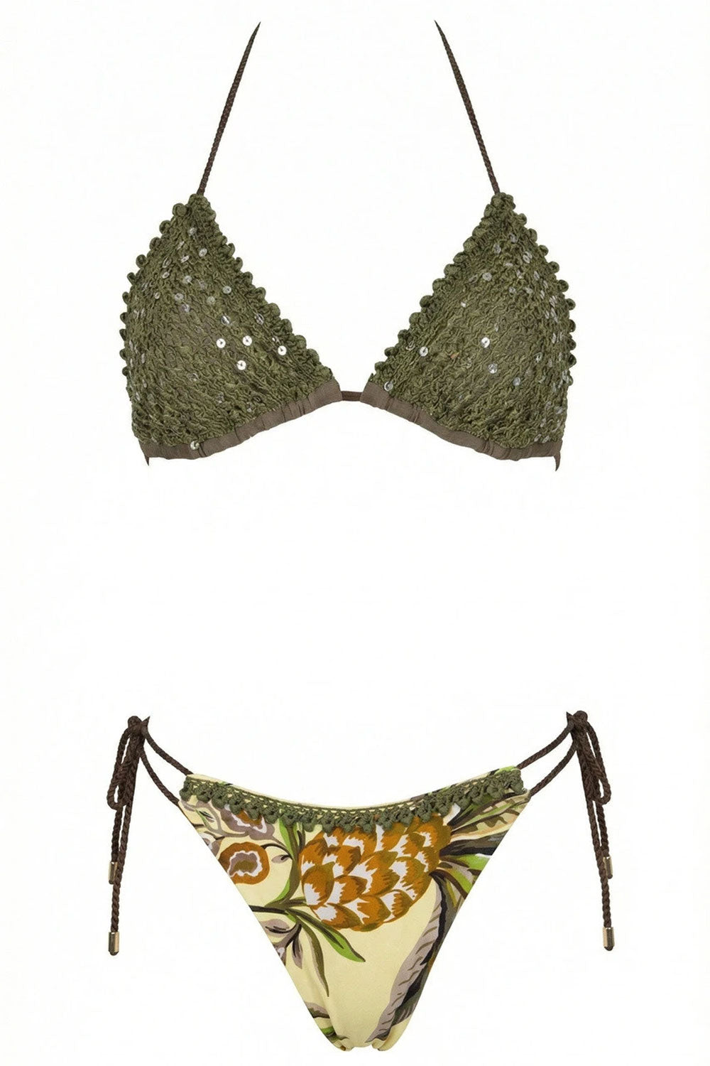 Donna Bikini Miss Bikini Triangolo Rete Paillettes Verde e Giallo