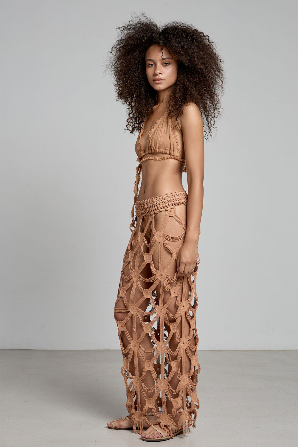 Donna Gonna Lunga Zendaya CHRISTIAN ZEN Texture Macramè Marrone