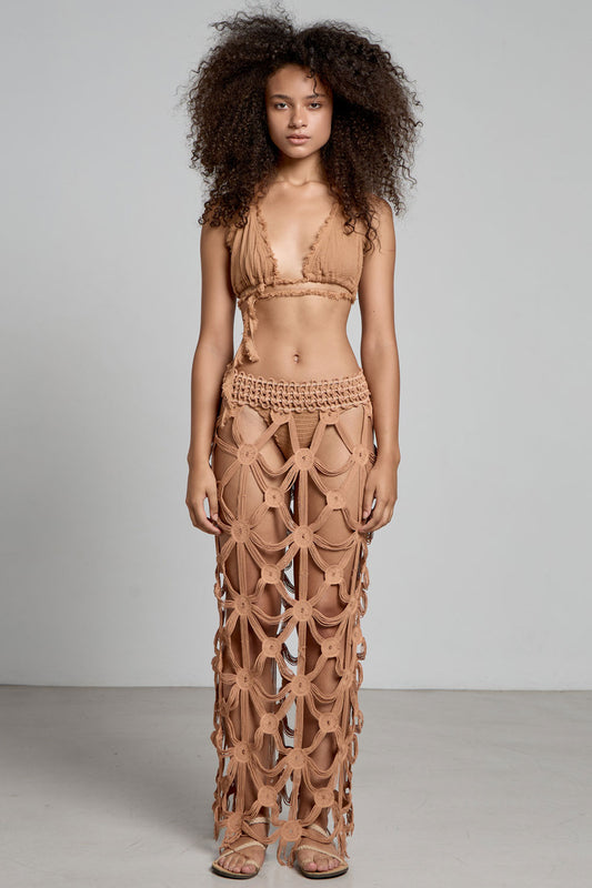 Donna Gonna Lunga Zendaya CHRISTIAN ZEN Texture Macramè Marrone