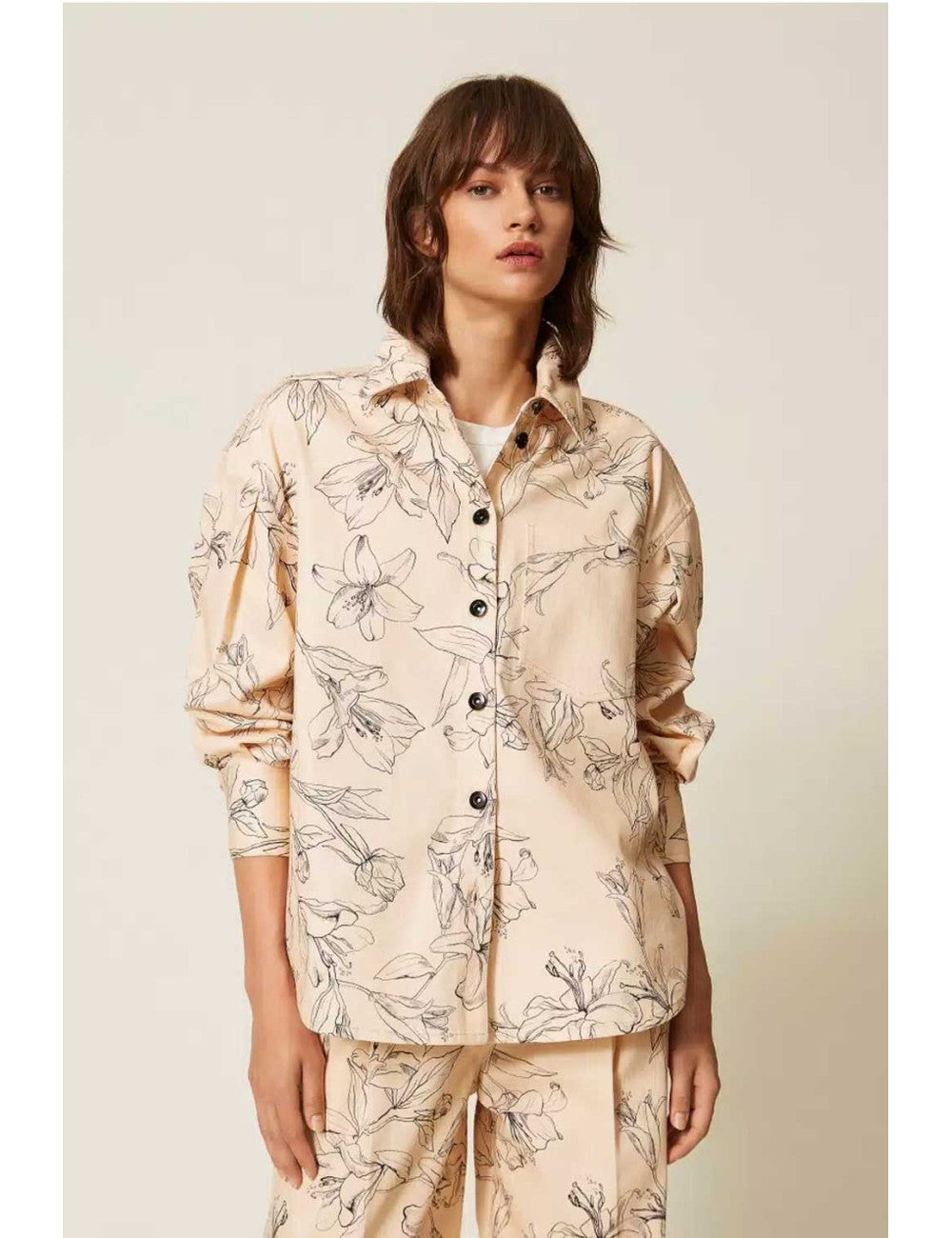 Twinset camicia in bull di cotone stretch con stampa gigli