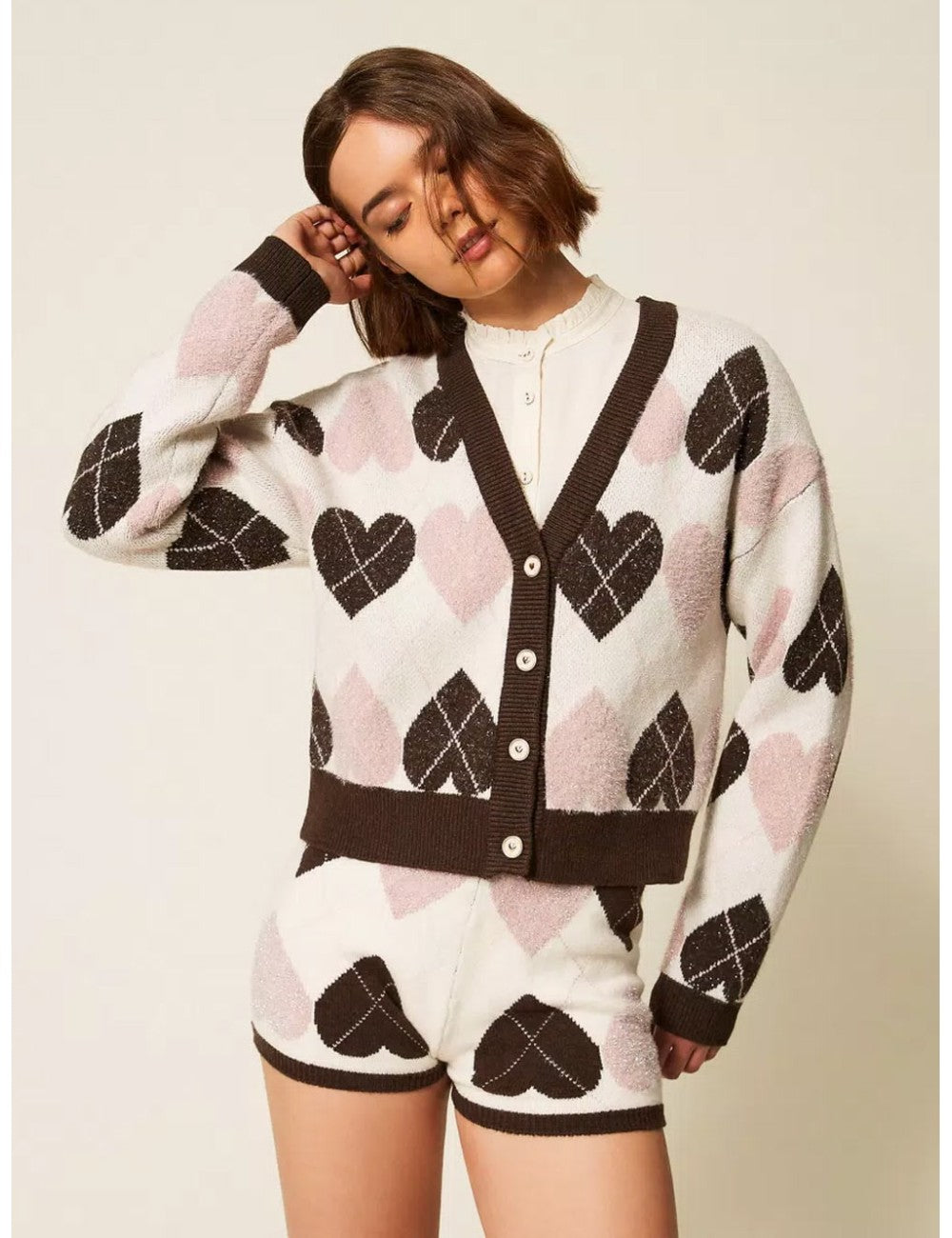 Twinset cardigan donna jacquard piquet a disegno cuori