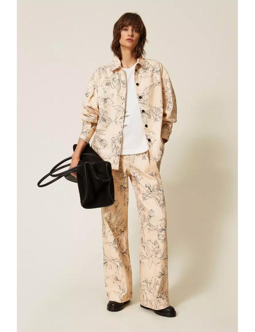 Twinset pantaloni in bull di cotone stretch con stampa gigli